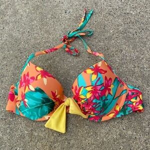 Aerie Bridget Halter Orange Tropical Bikini Bra Top Sz 34C